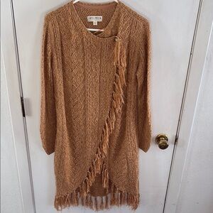 Idyllwind brown long cardigan with asymmetrical drape, gold thread Size Small